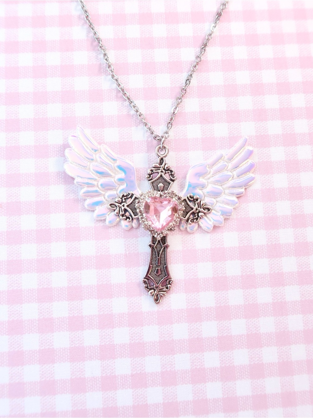 Silver Winged Cross Necklace with Pink Heart Pendant